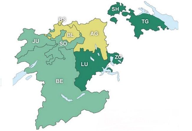 Karte mit allen zum Bistum Basel gehörigen Kantonen, nach Regionen farbig gekennzeichnet.